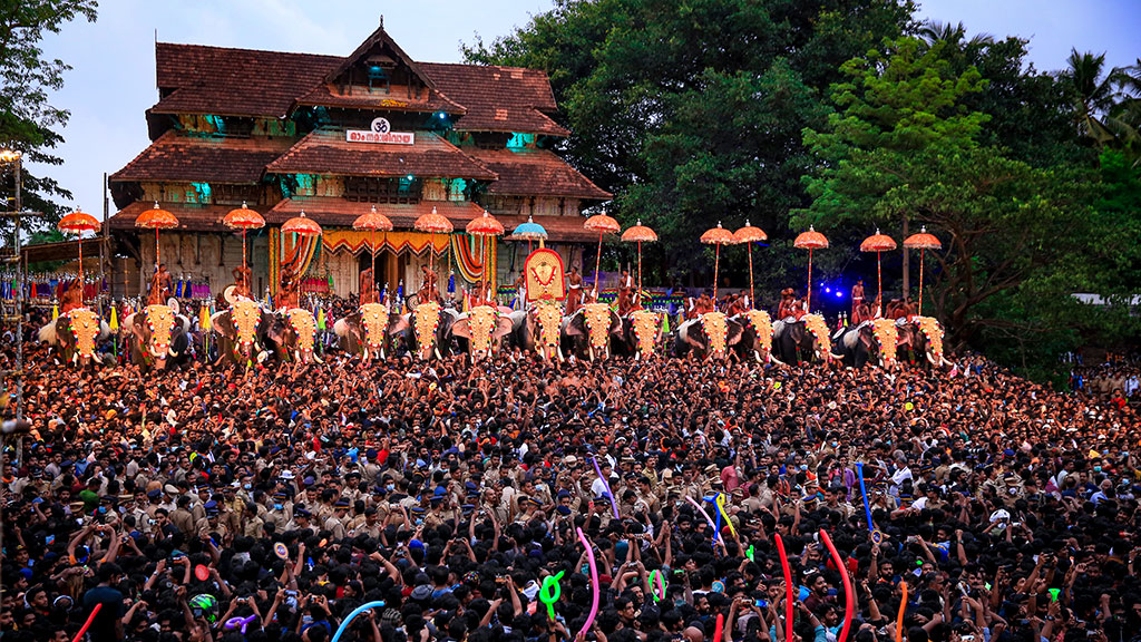 Caparisoned elephants and energetic crowd at Thrissur Pooram celebrations