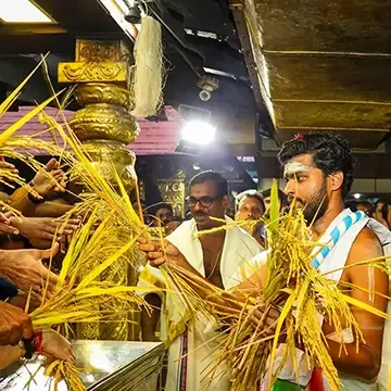 Thanthri and Melshanti distributing paddy spikes after niraputhari pooja in front of the sreekovil